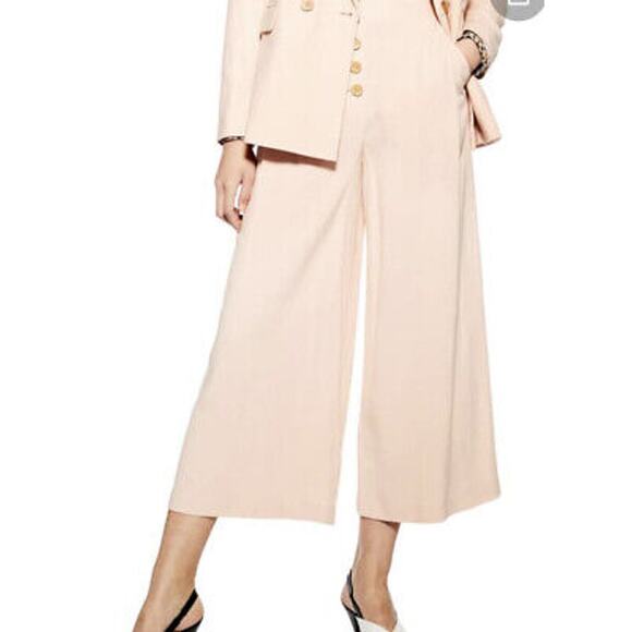 Topshop 2 Peachy Pink Coco Wide Leg Button Up Crop Trouser Pants Linen Blend - Picture 9 of 11
